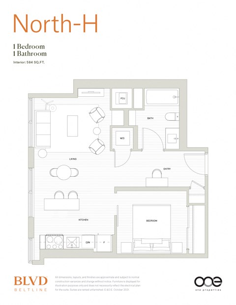Floor plan for 1 bed, 1 bath, 584 sqft